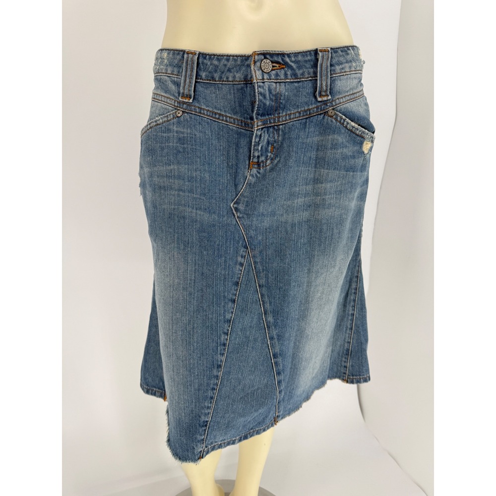 Y2K Hint Jeans Denim Midi Skirt 11 Distressed Raw Hem Asymmetrical Bratz McBling